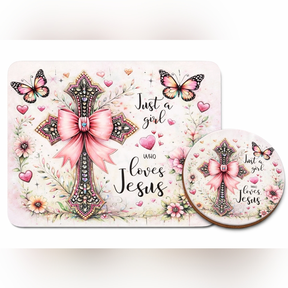 Just a Girl Who Loves Jesus  Hand Crafted Mouse Pad and Coasters Set - NWT